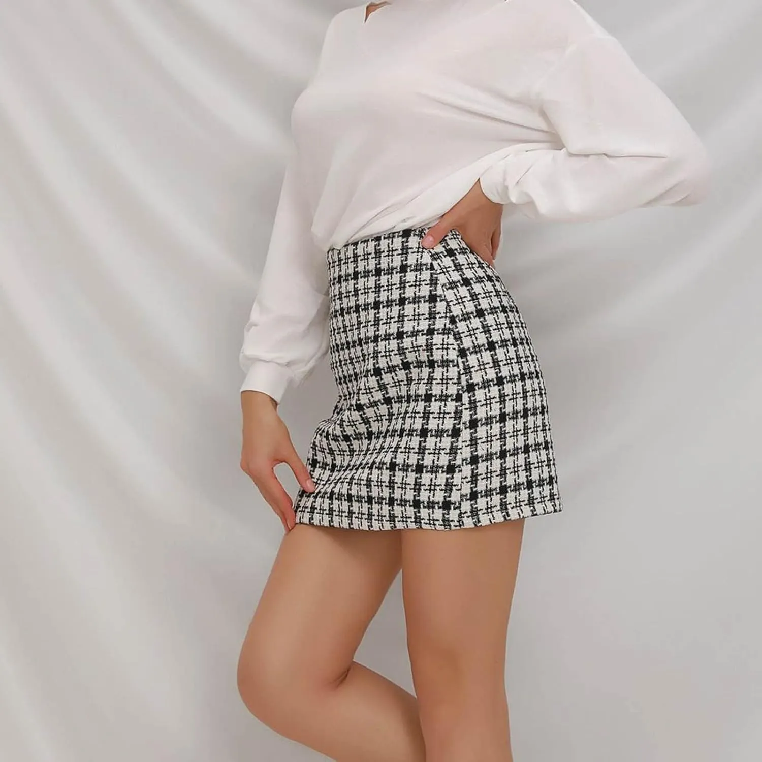 FZYLQY Women's High Waisted Houndstooth Skirts Colorblock Trendy Tight Warp Skirts Spring Summer Tweed Casual Short Skirt