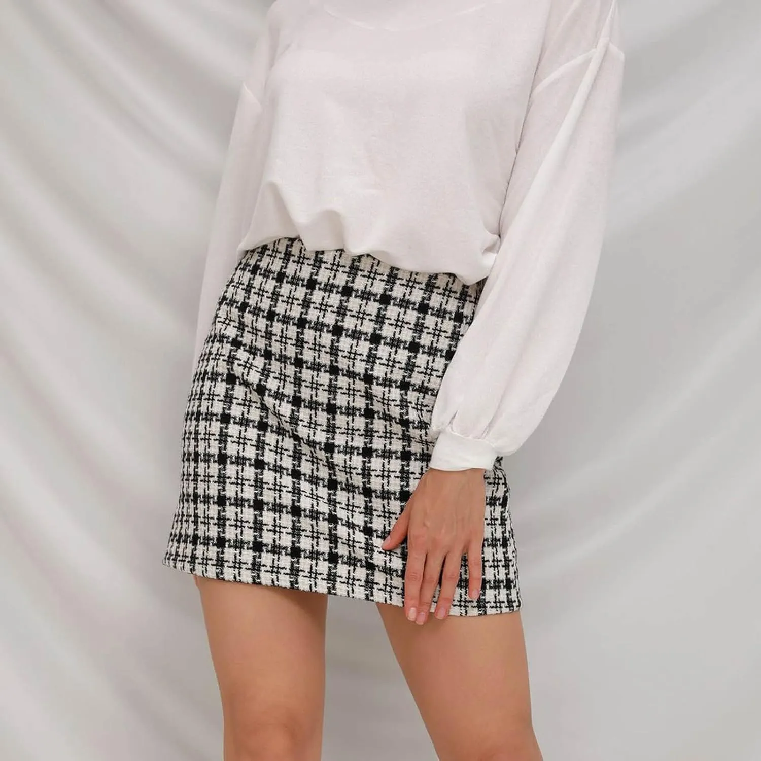FZYLQY Women's High Waisted Houndstooth Skirts Colorblock Trendy Tight Warp Skirts Spring Summer Tweed Casual Short Skirt