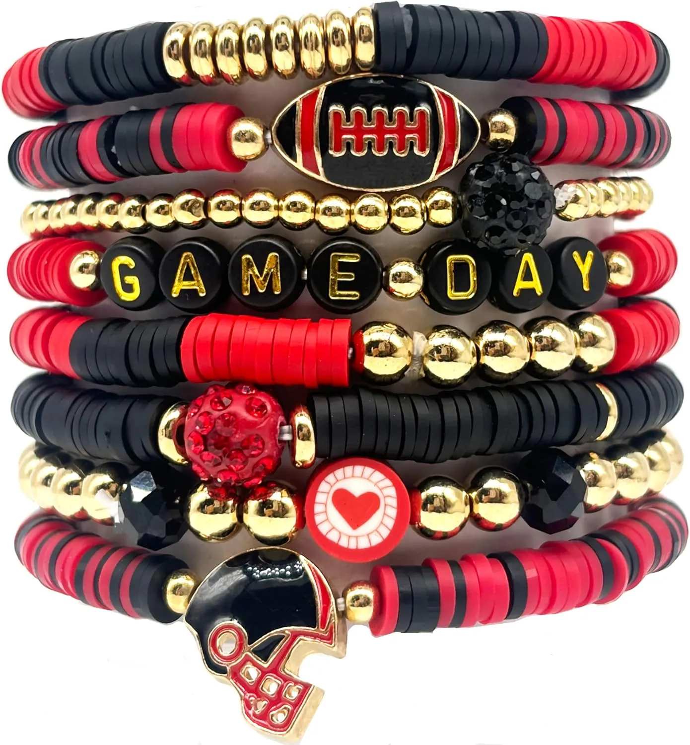 Game Day Stackable Bracelet Set of 8, Heishi Clay Beaded Stretch Bracelets Trendy and Colorful Accessories for Sports Fans
