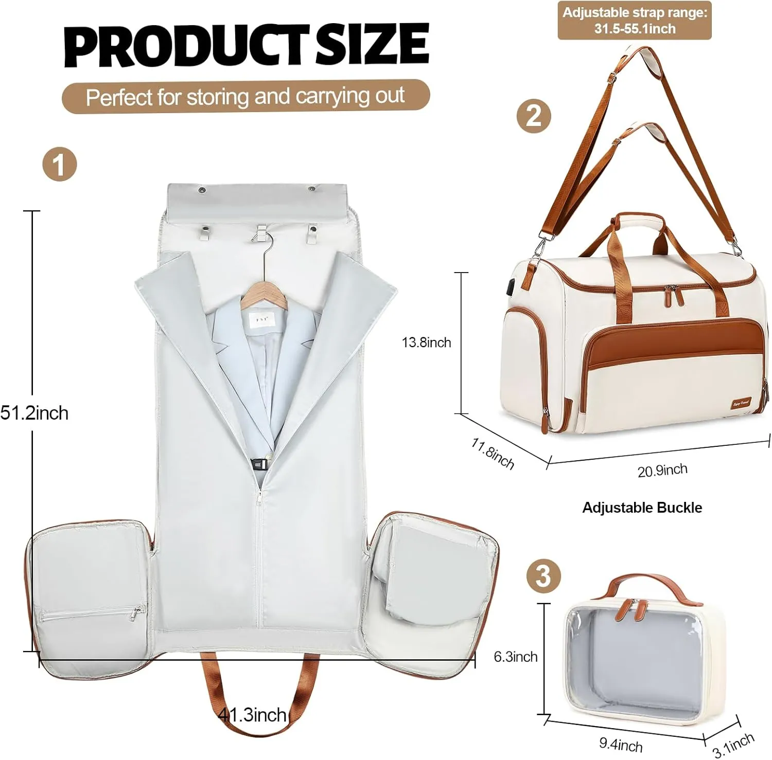 Garment Duffle Bags for Travel, Convertible Garment Bag for Men Women, Carry On Duffle Bag Backpack with Shoe Compartment & Toiletry Bag, 4 in 1 Hanging Suitcase Suit Travel Bags (Beige)