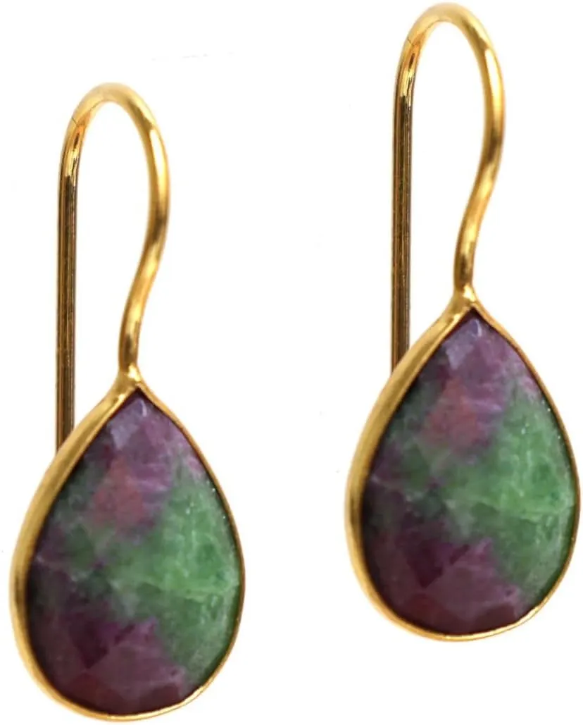 Gempires Ruby Zoisite Teardrop Crystal Earrings, Pear Shape Dangle Drop, Natural Gemstone Earring, Everyday Wear, Hypoallergenic 14k Gold Plated, Gift for Mom Wife