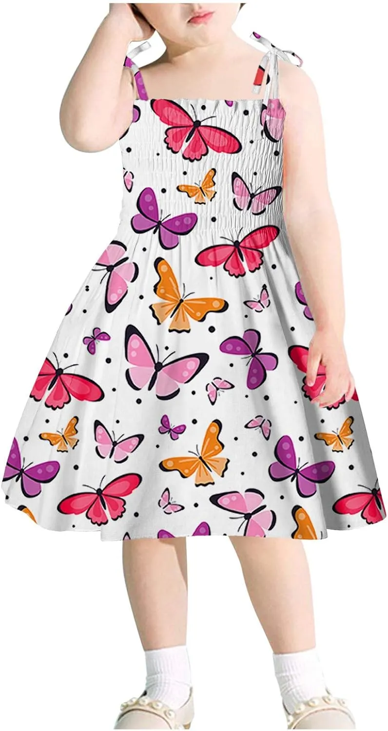 Girl's Ditsy Floral Print Ruffle Hem Cam Dress Spaghetti Strap Bow Tie Side Mini Casual Dresses