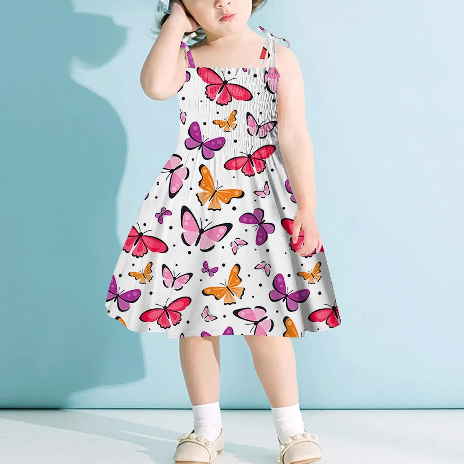 Girl's Ditsy Floral Print Ruffle Hem Cam Dress Spaghetti Strap Bow Tie Side Mini Casual Dresses
