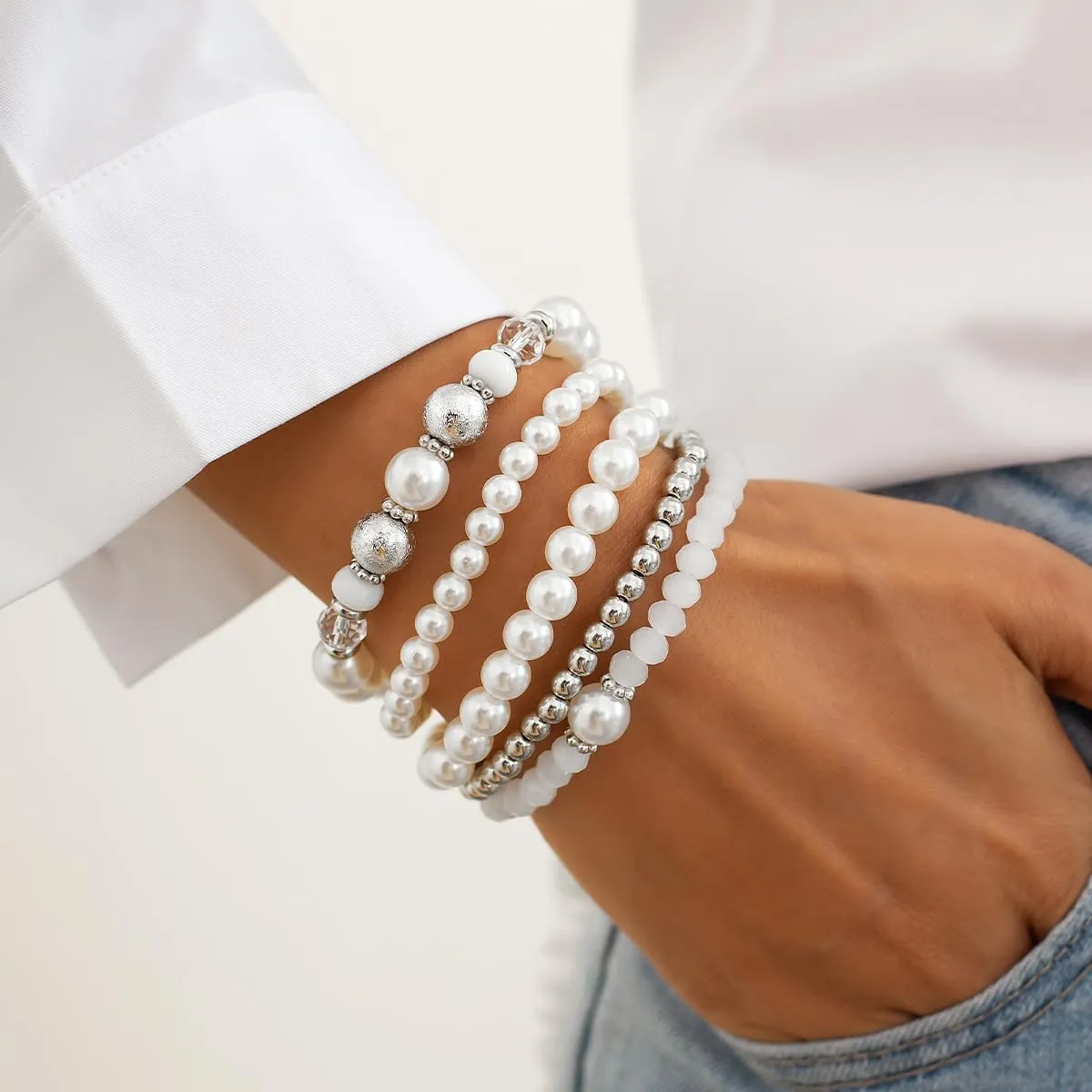 Gold Bead Stackable Bracelet for Women Adjustable Stack Strand Bead Ball Bracelet Set Bohemian Stretch Bow Beaded Bracelets Pearl Set Bracelet Statement Ball Bracelet Hand Jewelry