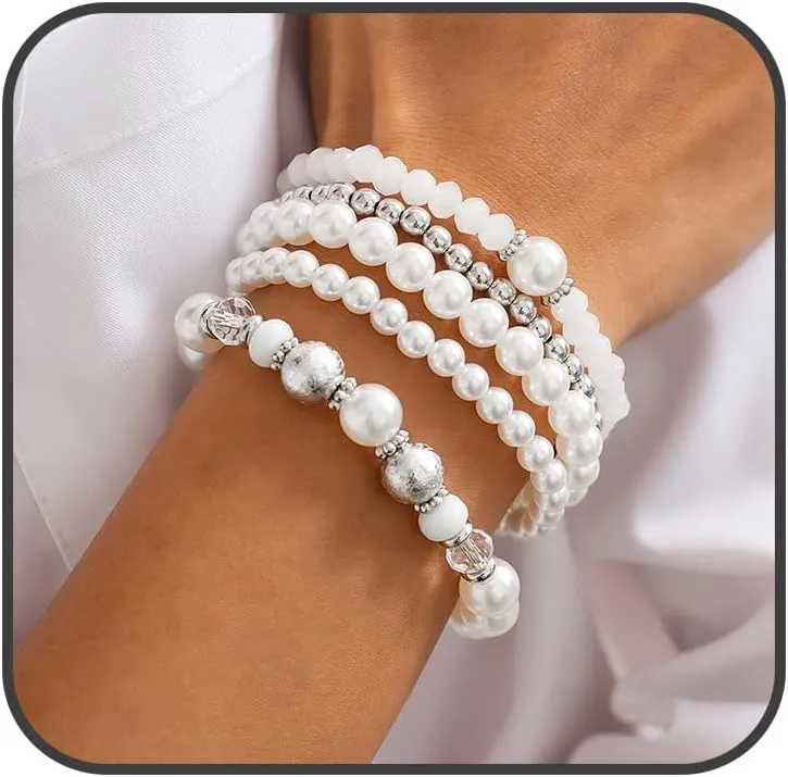Gold Bead Stackable Bracelet for Women Adjustable Stack Strand Bead Ball Bracelet Set Bohemian Stretch Bow Beaded Bracelets Pearl Set Bracelet Statement Ball Bracelet Hand Jewelry
