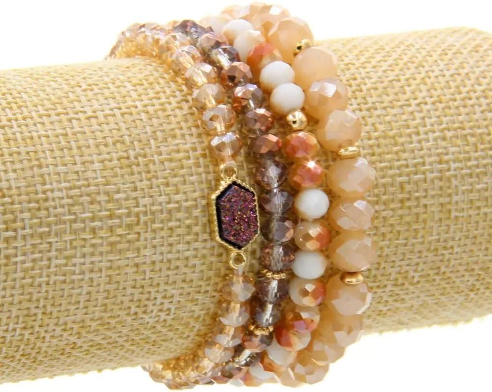 Gold Beaded Bracelet Set, Square Stone Hexagon Druzy Stretch Beaded Stackable Bracelets Bangles