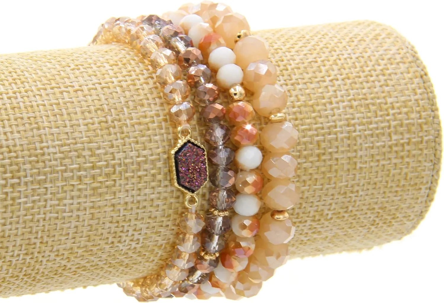 Gold Beaded Bracelet Set, Square Stone Hexagon Druzy Stretch Beaded Stackable Bracelets Bangles