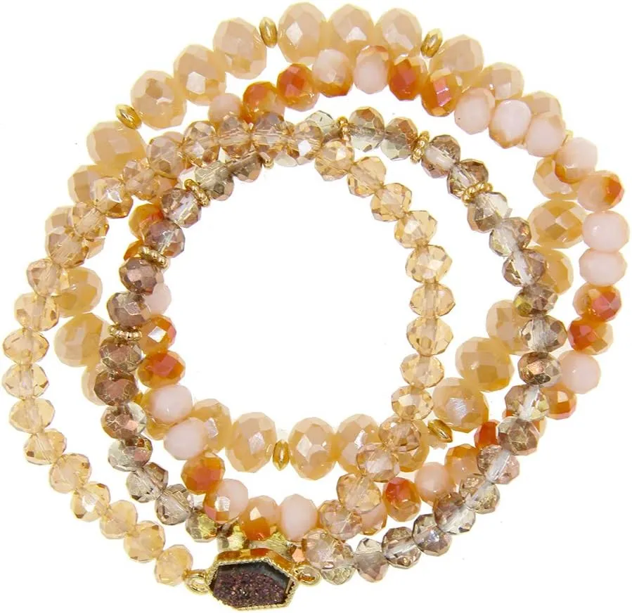 Gold Beaded Bracelet Set, Square Stone Hexagon Druzy Stretch Beaded Stackable Bracelets Bangles