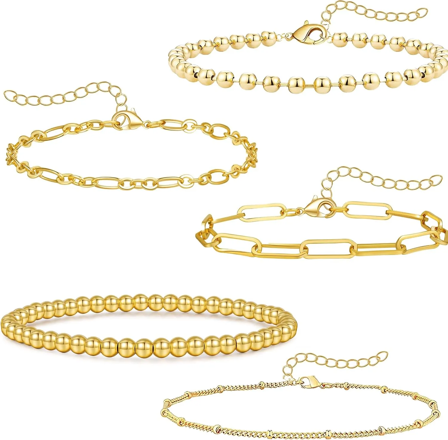Gold Beaded Bracelets Set for Women, Stackable Stretch Ball Bracelets, Adjustable Paperclip and Cuban Link Bracelet Set, Trendy Thin Bracelet Pack, Dainty Jewelry for Women, 5 Pieces