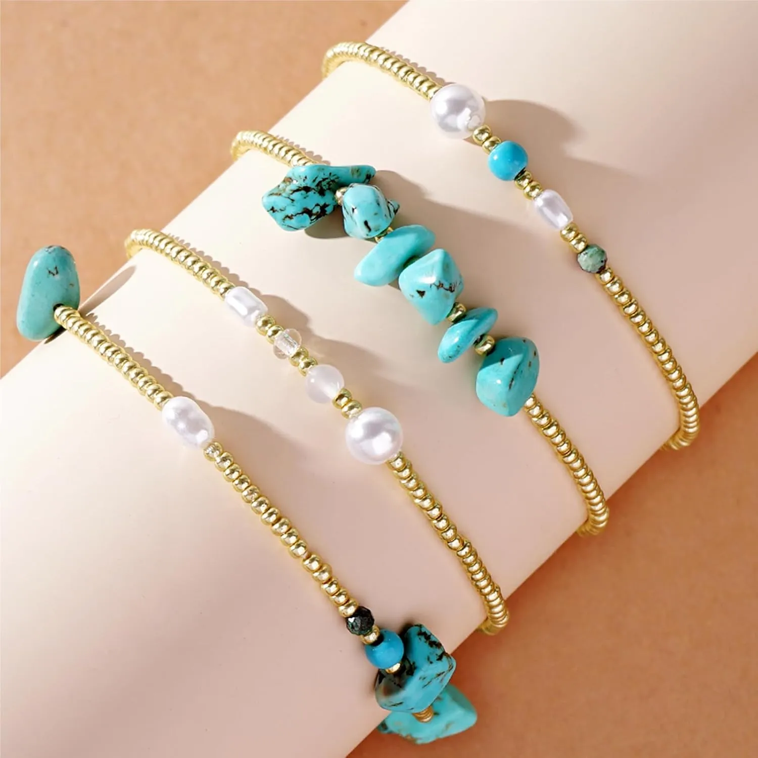 Gold Beaded Stretch Bracelets Set for Women, Boho Handmade Stackable Natural Beads Stack Bracelet Summer Jewelry Gift