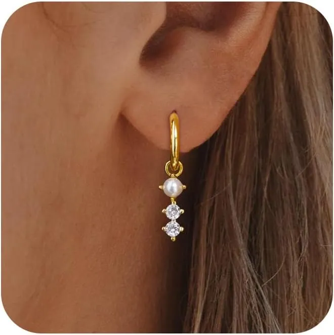 Gold Bow Earrings for Women Trendy, Cute Bow Stud Earring 14k Gold Plated Dainty Ribbon Pearl Bow Drop Dangle Earrings Hypoallergenic Gold Earrings Sparkly Christmas Earrings for Women Jewelry Gift