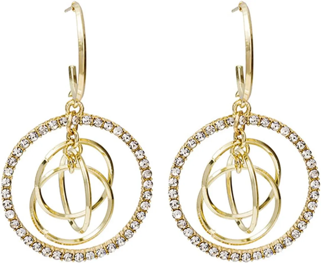 Gold Crystal Round Dangle Drop Earrings for Women Dainty Geometric Circle Dangling Earrings Vintage Zircon Statement Earrings Jewelry Accessories