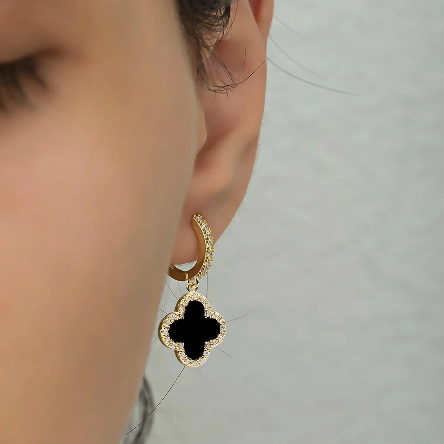 Gold Dangle Earrings for Women 14K Gold Plated Small Huggie Drop Earrings with Clover Charm