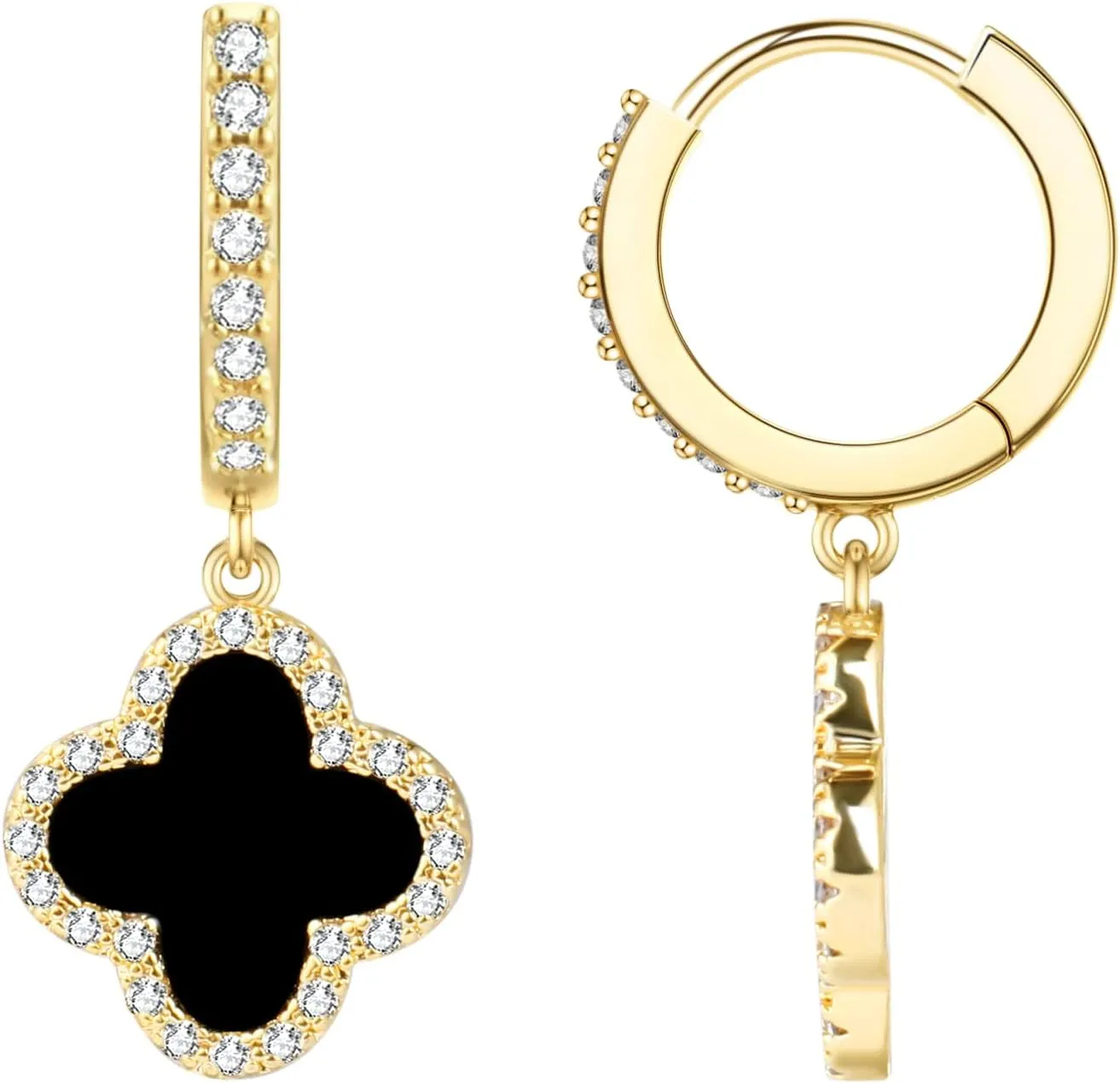 Gold Dangle Earrings for Women 14K Gold Plated Small Huggie Drop Earrings with Clover Charm