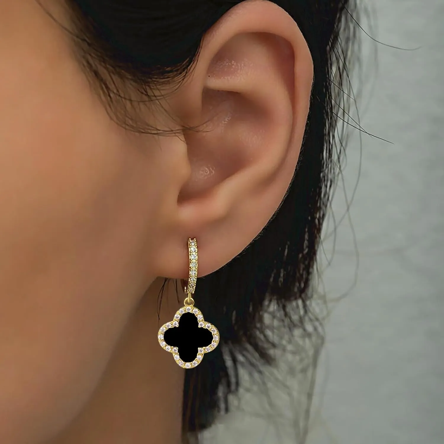 Gold Dangle Earrings for Women 14K Gold Plated Small Huggie Drop Earrings with Clover Charm