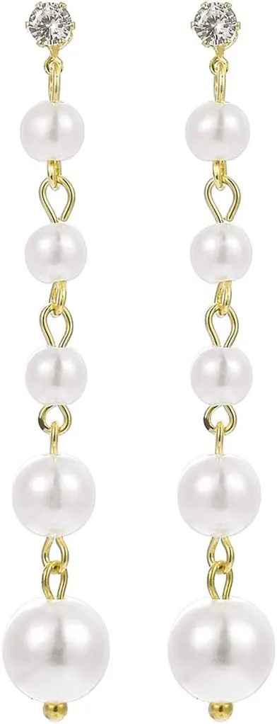 Gold Long Pearl Earrings - Statement Drop Earrings for Women - Big Simulated Pearls - Handmade Fringe Dangle Earrings for Wedding, Party, Daily Wear