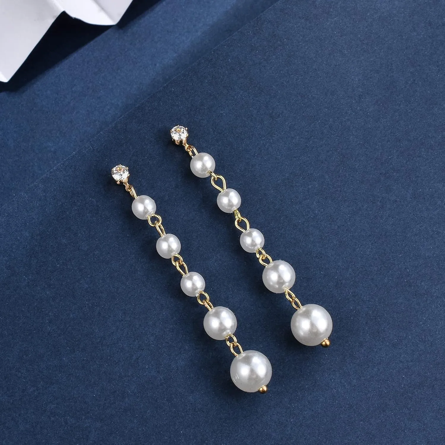 Gold Long Pearl Earrings - Statement Drop Earrings for Women - Big Simulated Pearls - Handmade Fringe Dangle Earrings for Wedding, Party, Daily Wear