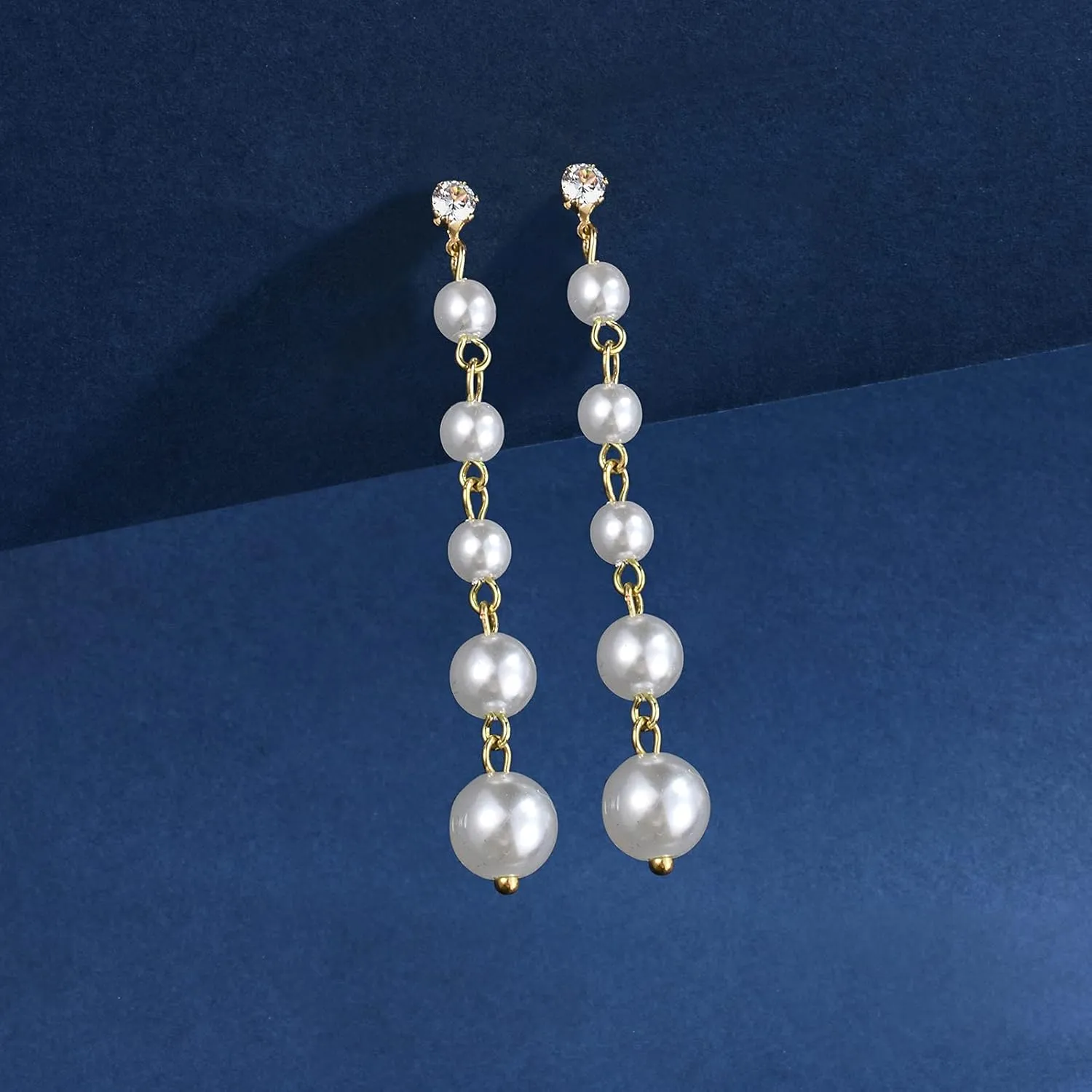 Gold Long Pearl Earrings - Statement Drop Earrings for Women - Big Simulated Pearls - Handmade Fringe Dangle Earrings for Wedding, Party, Daily Wear