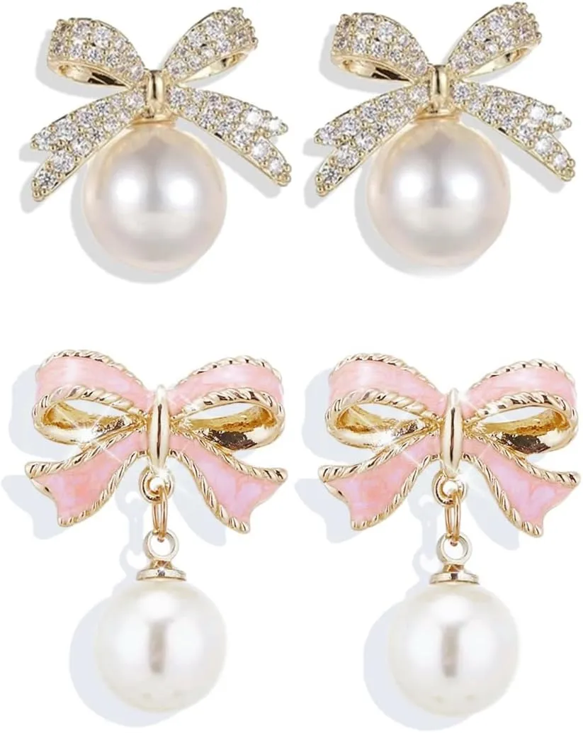Gold Pearl Bow Earrings For Women Trendy Pink Coquette Drop Stud Ribbon Silver Earrings Dangle Jewelry - Unique Gifts For Wife Preppy Cute Teen Accessories 2025