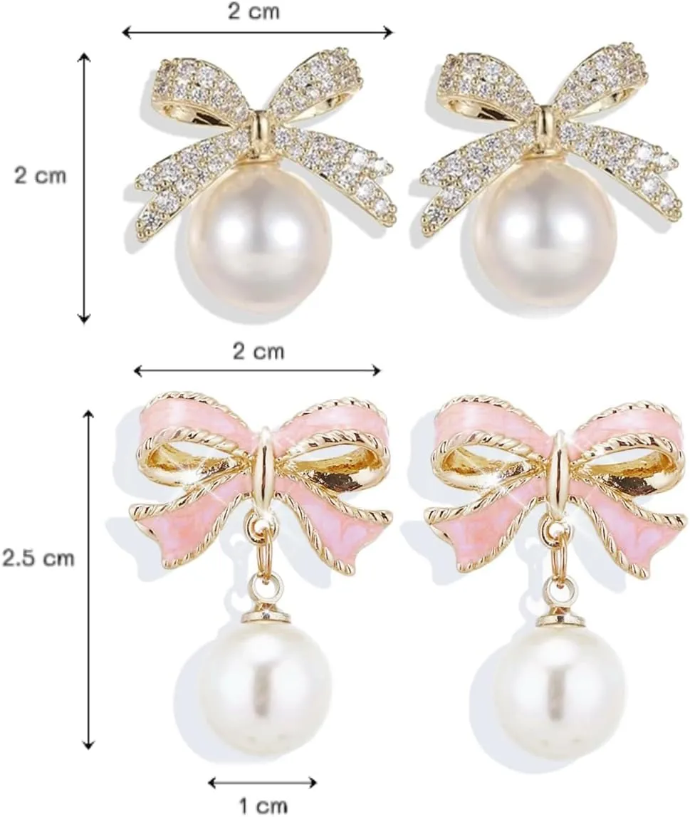Gold Pearl Bow Earrings For Women Trendy Pink Coquette Drop Stud Ribbon Silver Earrings Dangle Jewelry - Unique Gifts For Wife Preppy Cute Teen Accessories 2025