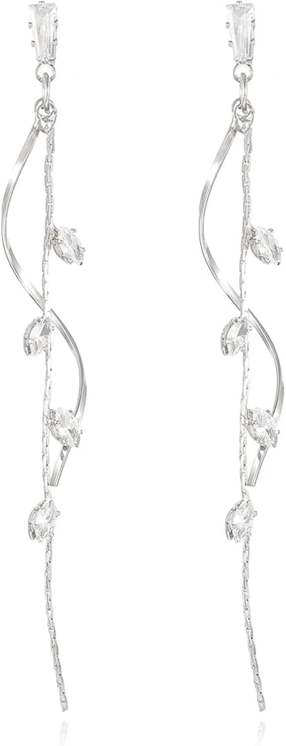 Gold Sparkle Earrings Long Statement Earrings Leaf Tassel Earrings Crystal Drop Earrings Rhinestone Dangle Earrings Prom Earrings Wedding Party Jewelry Gifts for Women Brides