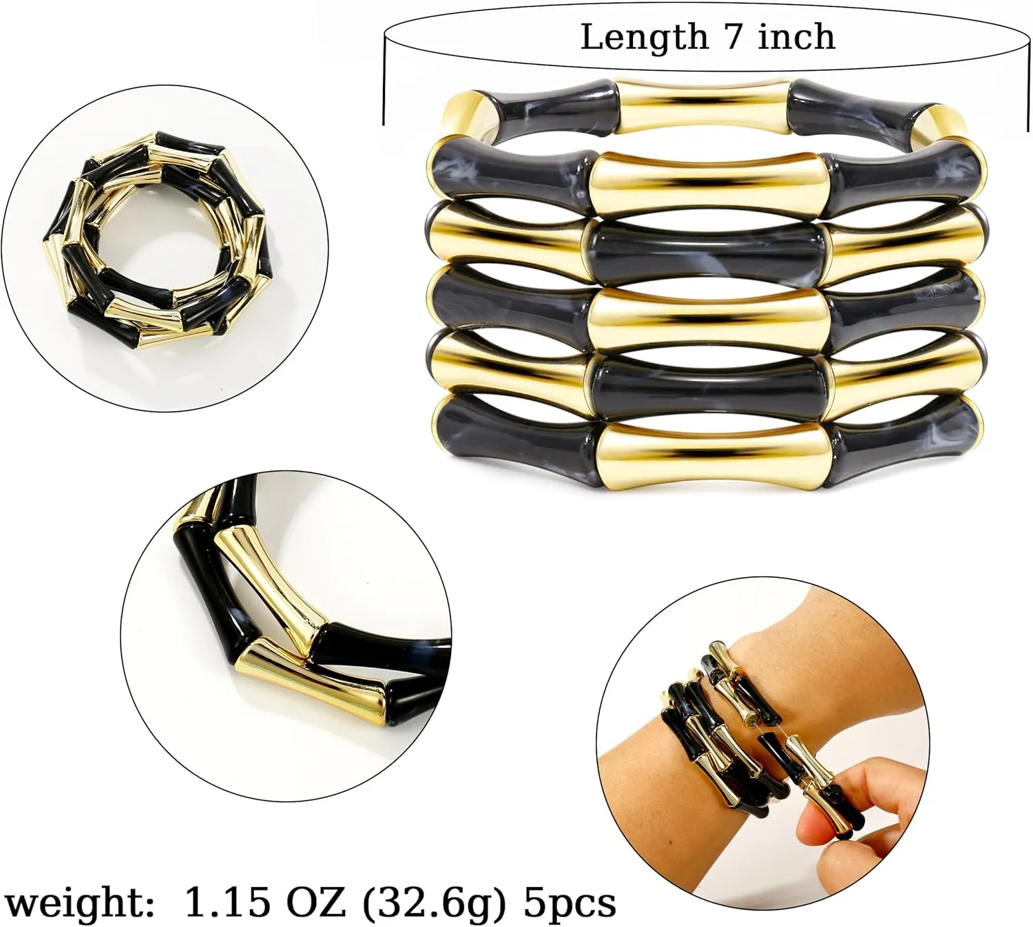 Gold Tube Bangle Bracelets for Women Stackable Bamboo Chunky Acrylic Beads Stretch Friendship Summer Beach Bracelet Jewelry