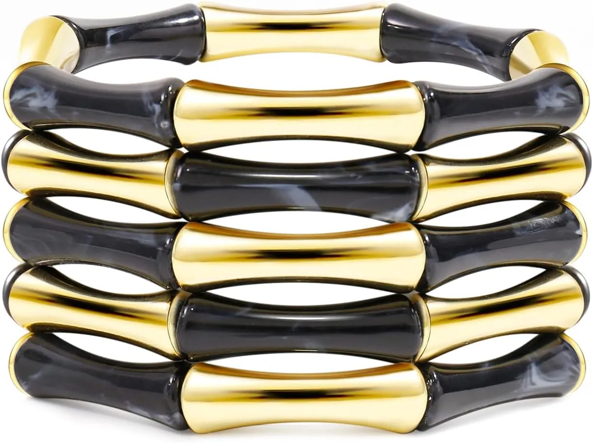 Gold Tube Bangle Bracelets for Women Stackable Bamboo Chunky Acrylic Beads Stretch Friendship Summer Beach Bracelet Jewelry