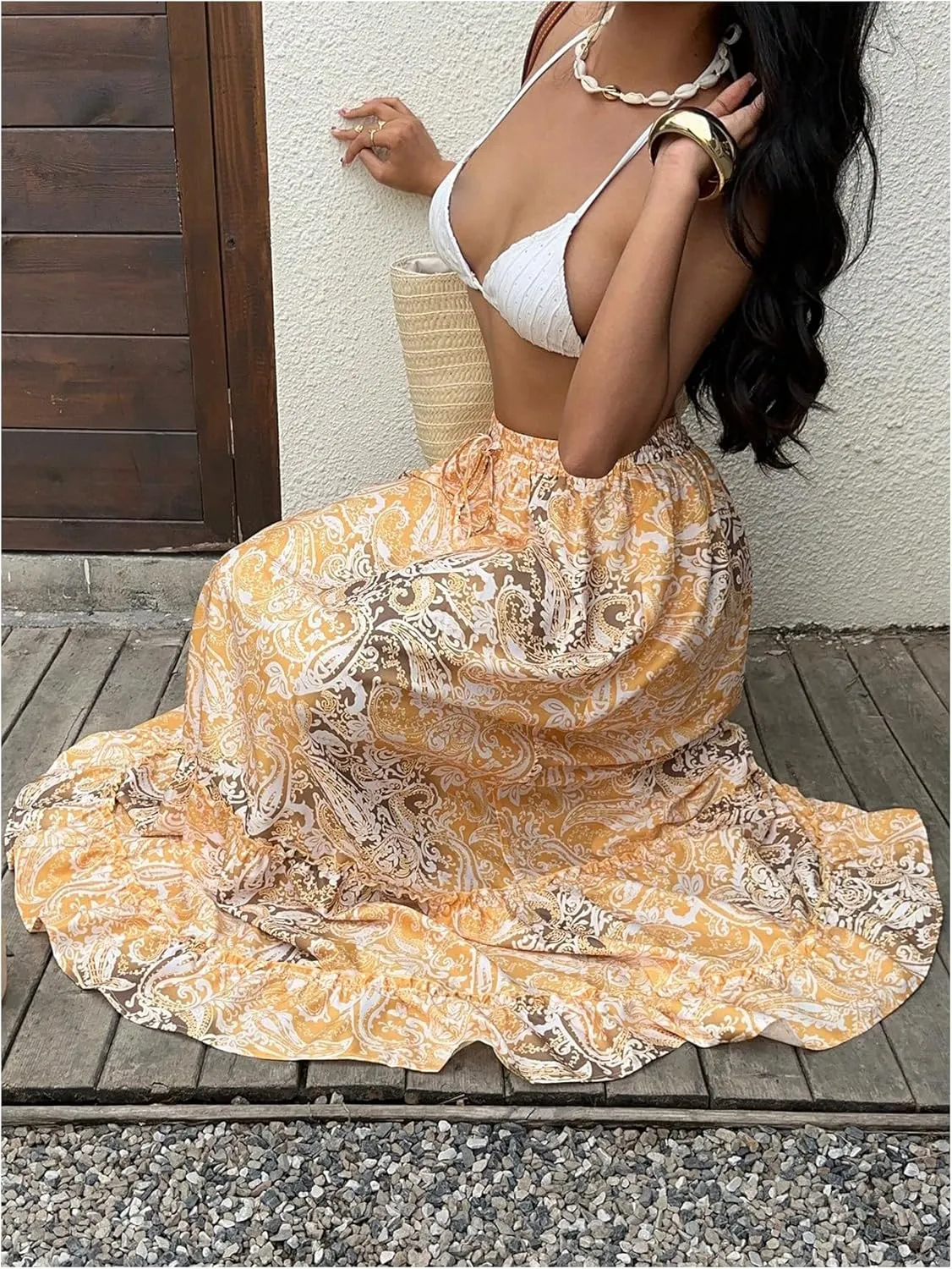 GORGLITTER Women's Boho Paisley Print Tiered Maxi Skirt Floral High Waisted Ruffle Long Skirts