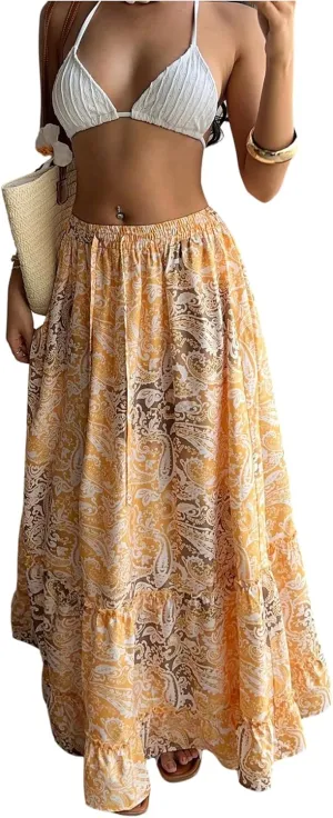 GORGLITTER Women's Boho Paisley Print Tiered Maxi Skirt Floral High Waisted Ruffle Long Skirts