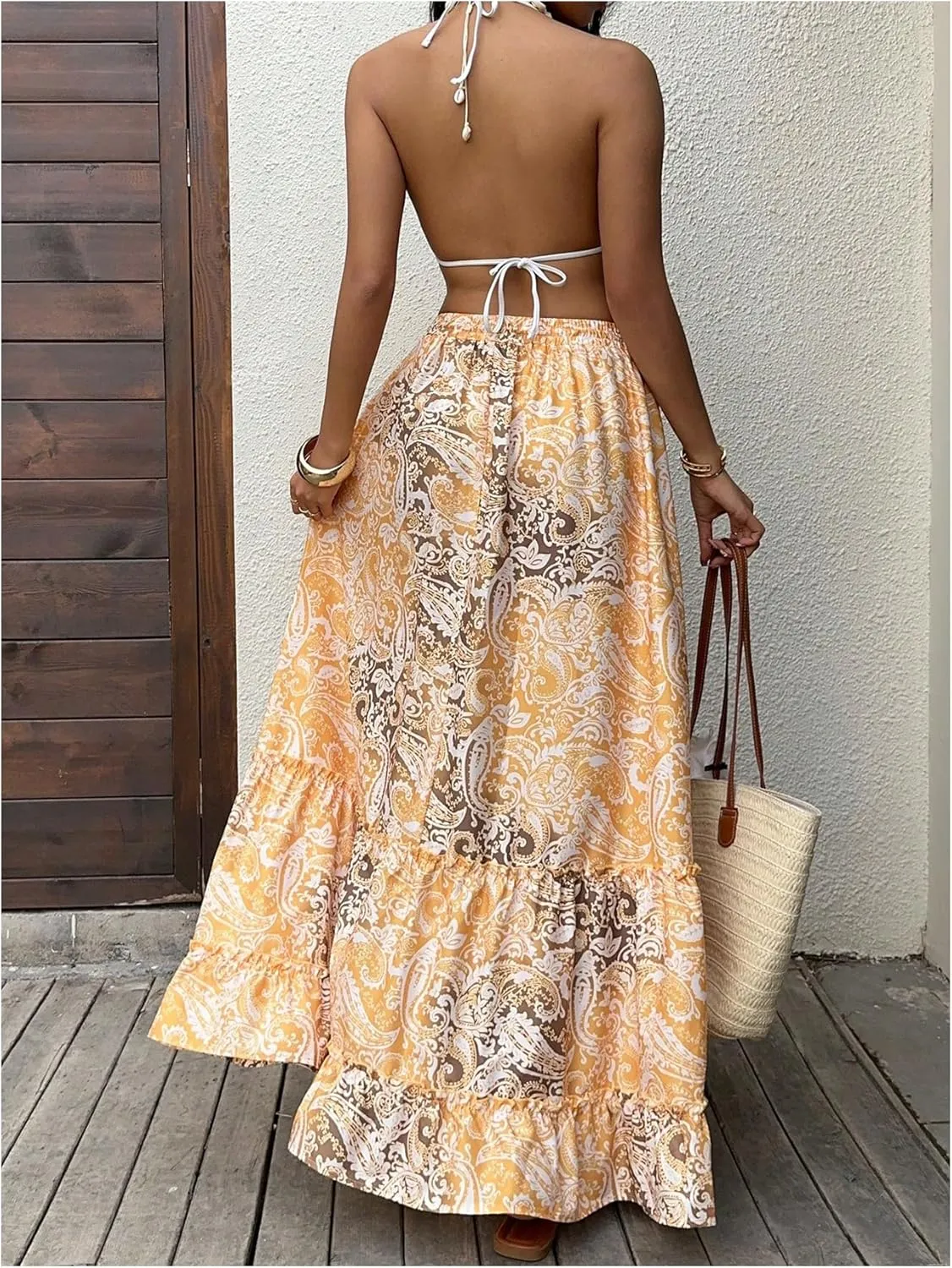 GORGLITTER Women's Boho Paisley Print Tiered Maxi Skirt Floral High Waisted Ruffle Long Skirts