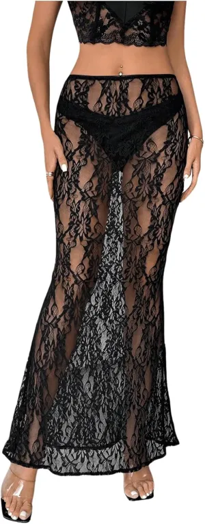 GORGLITTER Women's Lace Goth Bodycon Maxi Skirts Y2K High Waisted Sheer See Through Gothic Long Skirts
