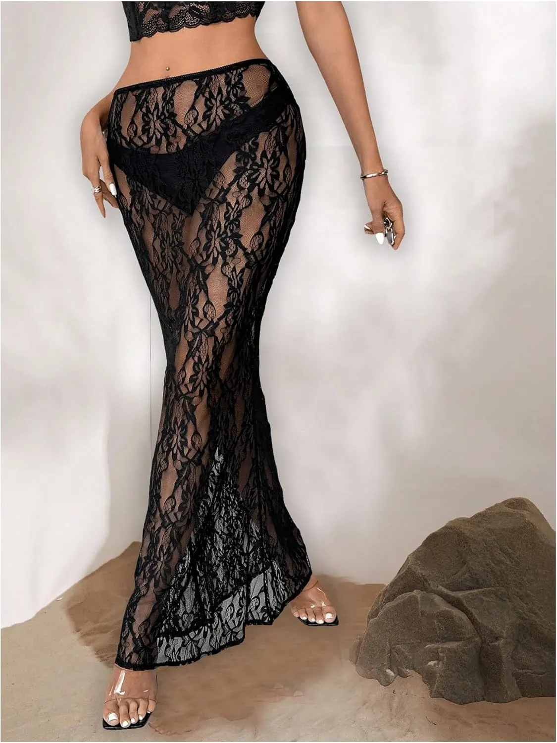 GORGLITTER Women's Lace Goth Bodycon Maxi Skirts Y2K High Waisted Sheer See Through Gothic Long Skirts