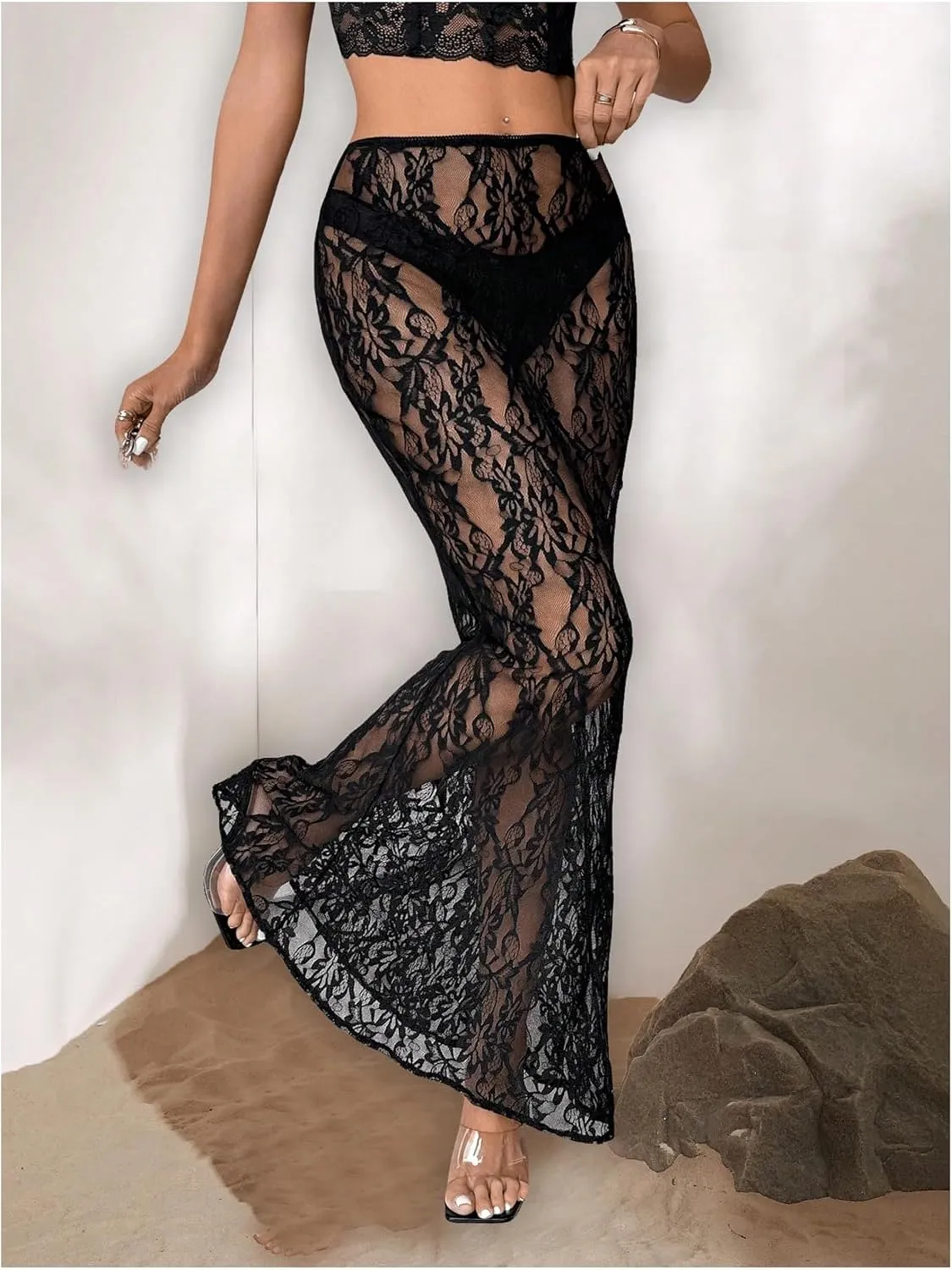 GORGLITTER Women's Lace Goth Bodycon Maxi Skirts Y2K High Waisted Sheer See Through Gothic Long Skirts