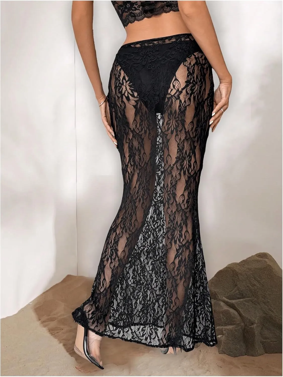 GORGLITTER Women's Lace Goth Bodycon Maxi Skirts Y2K High Waisted Sheer See Through Gothic Long Skirts