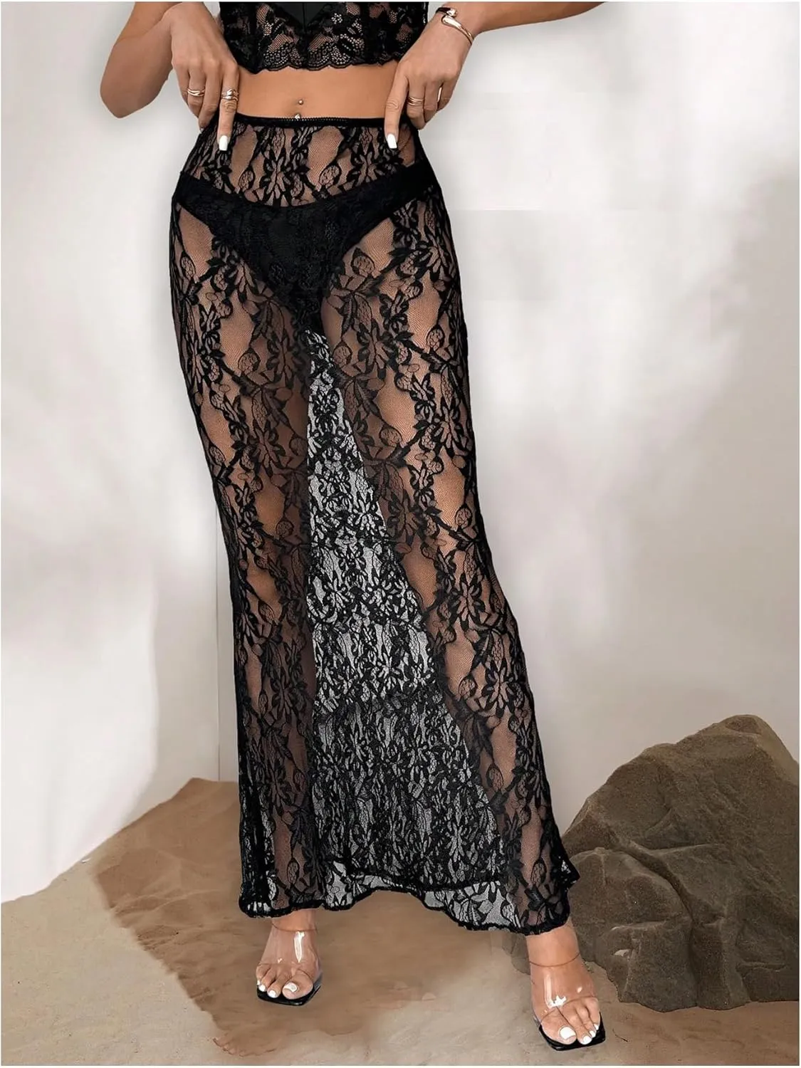GORGLITTER Women's Lace Goth Bodycon Maxi Skirts Y2K High Waisted Sheer See Through Gothic Long Skirts