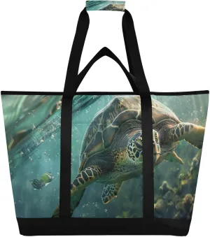 Green Sea Turtle Swims Large Insulated Reusable Tote Bag for Grocery Shopping for Women Men, Cooler Bag with Zippered Top & Handles for Travel Beach Picnic