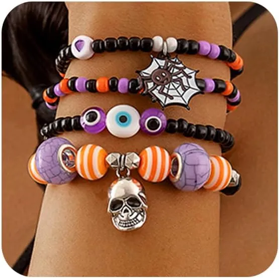 Hallows Bracelets Set Halloween Pumpkin Bracelet for Women Ghost Bracelet Beaded Stretch Bracelet Surfer Heishi Bracelets Hallows Stackable Elastic Friendship Bracelets