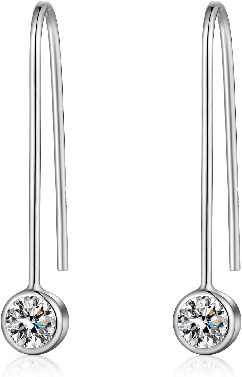 Han han Bezel Earrings 925 Sterling Silver Cubic Zirconia Bezel Dangle Drop Earrings for Women