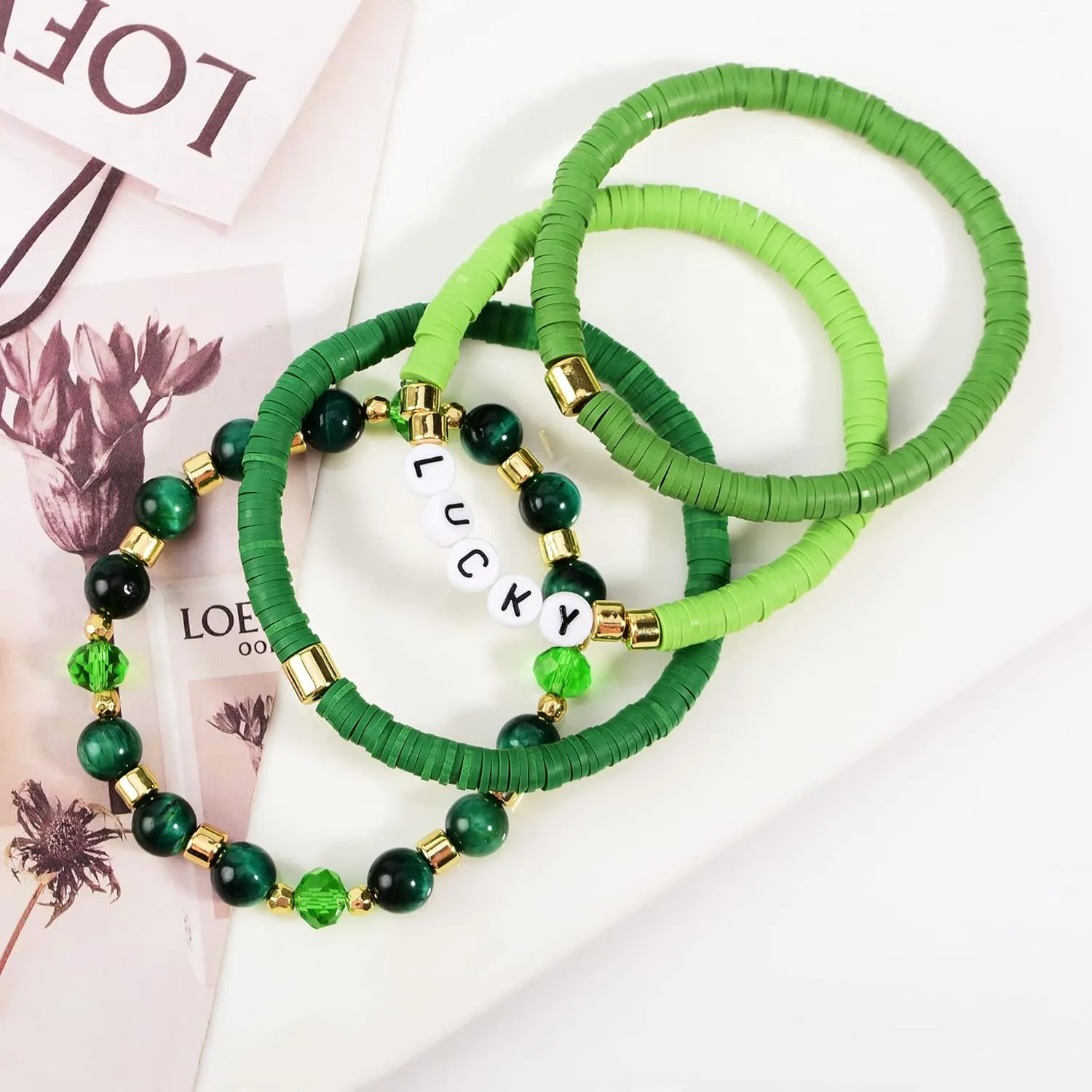 Heishi Bracelets for Women Clay Beaded Stretch Bracelets Stackable Crystal Stone Beaded Stretch Green Bracelets Set Friendship Boho Handmade Outfits Jewelry