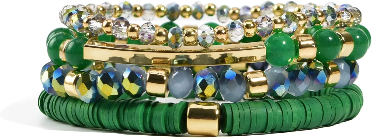 Heishi Bracelets for Women Clay Beaded Stretch Bracelets Stackable Crystal Stone Beaded Stretch Green Bracelets Set Friendship Boho Handmade Outfits Jewelry
