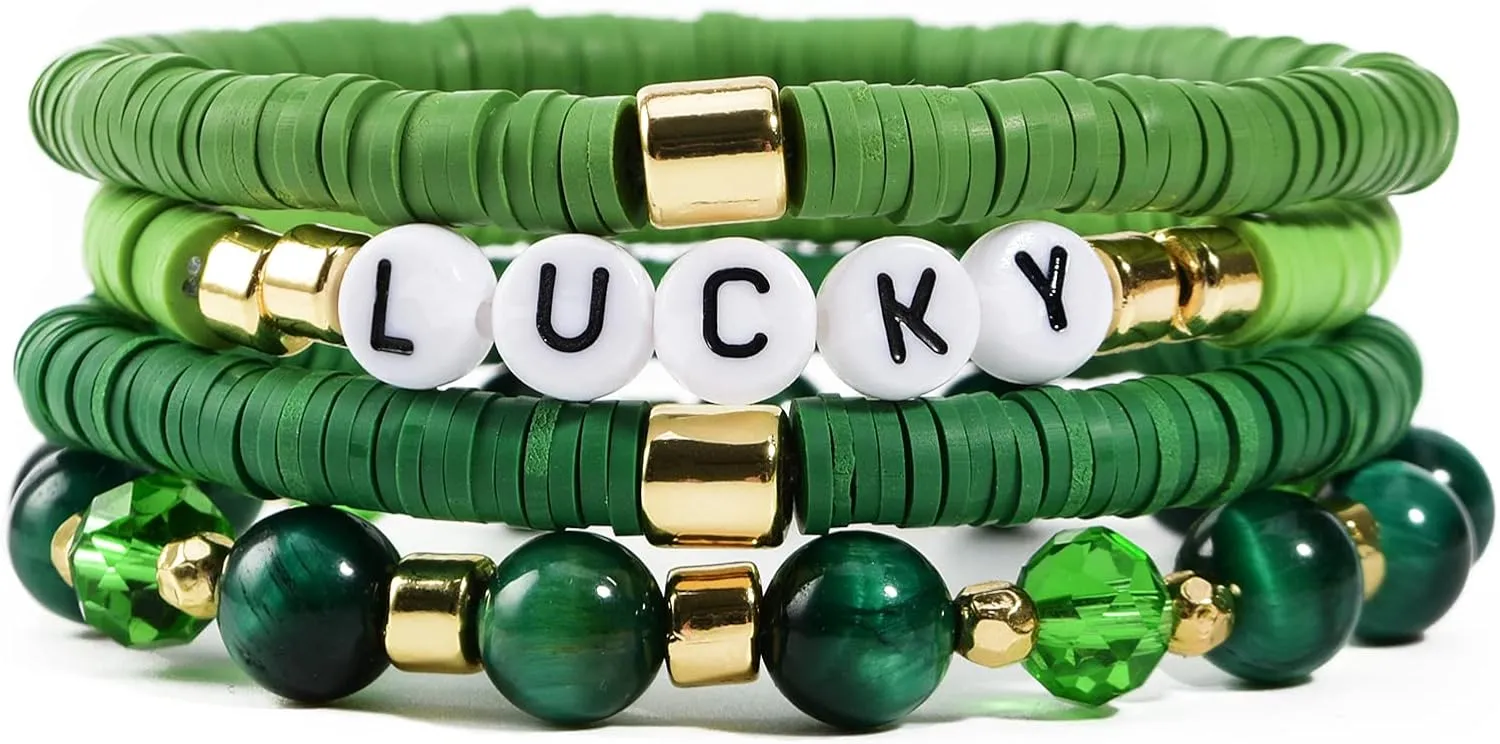 Heishi Bracelets for Women Clay Beaded Stretch Bracelets Stackable Crystal Stone Beaded Stretch Green Bracelets Set Friendship Boho Handmade Outfits Jewelry