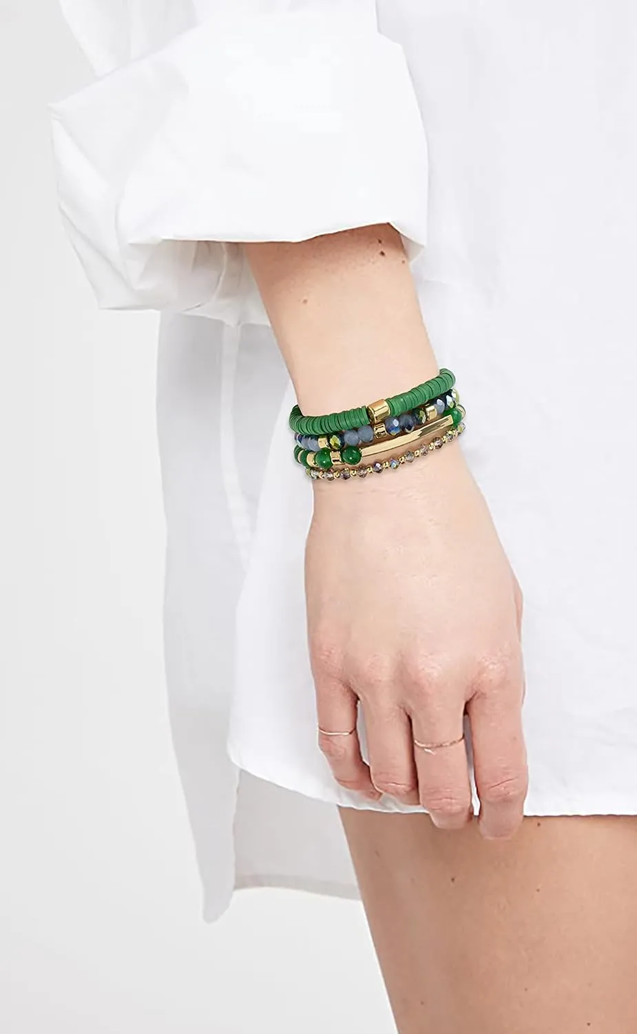Heishi Bracelets for Women Clay Beaded Stretch Bracelets Stackable Crystal Stone Beaded Stretch Green Bracelets Set Friendship Boho Handmade Outfits Jewelry