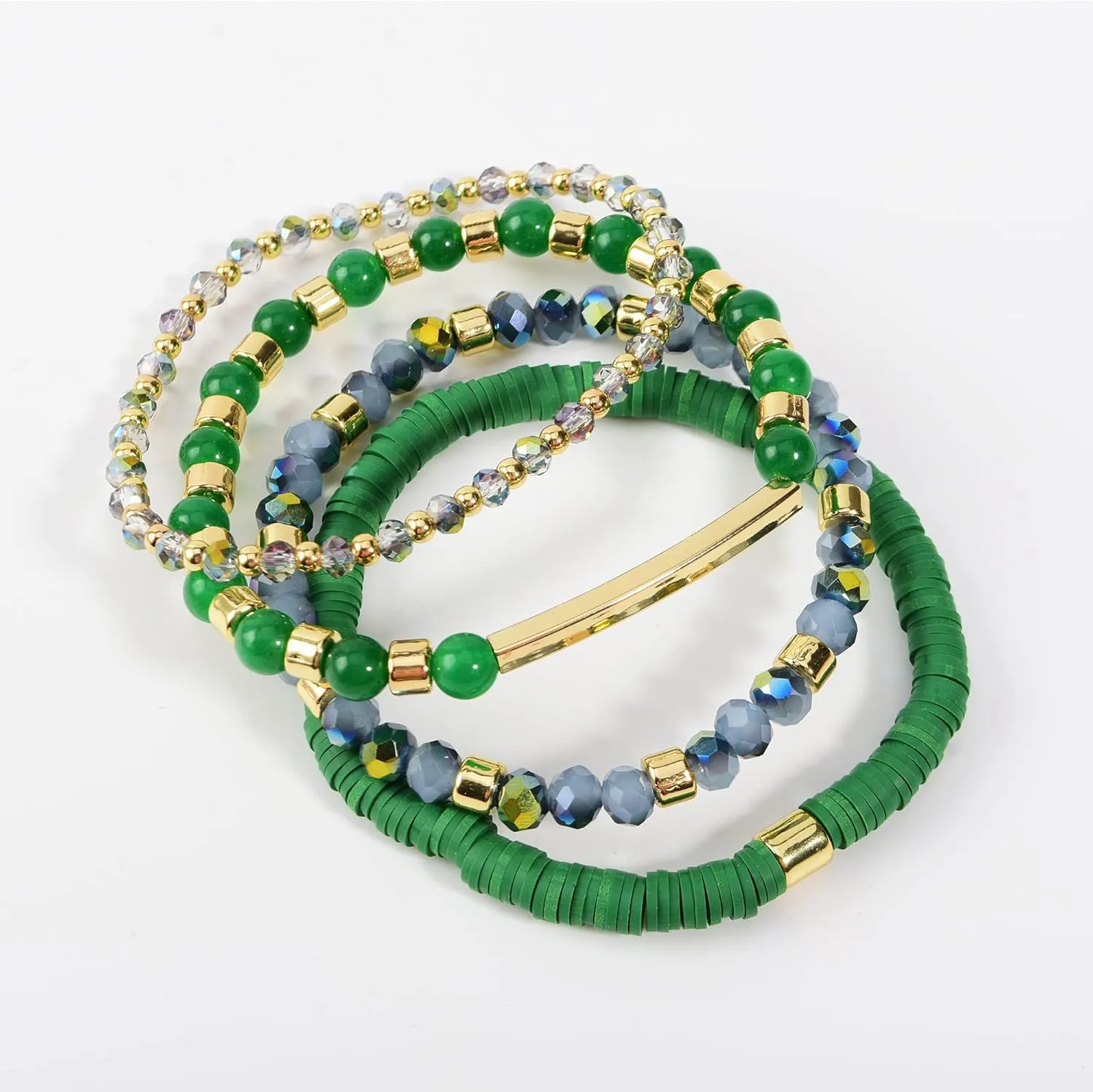 Heishi Bracelets for Women Clay Beaded Stretch Bracelets Stackable Crystal Stone Beaded Stretch Green Bracelets Set Friendship Boho Handmade Outfits Jewelry