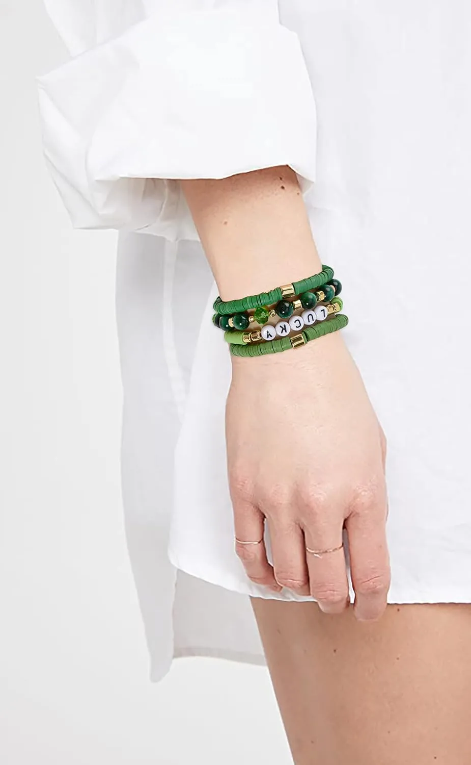 Heishi Bracelets for Women Clay Beaded Stretch Bracelets Stackable Crystal Stone Beaded Stretch Green Bracelets Set Friendship Boho Handmade Outfits Jewelry