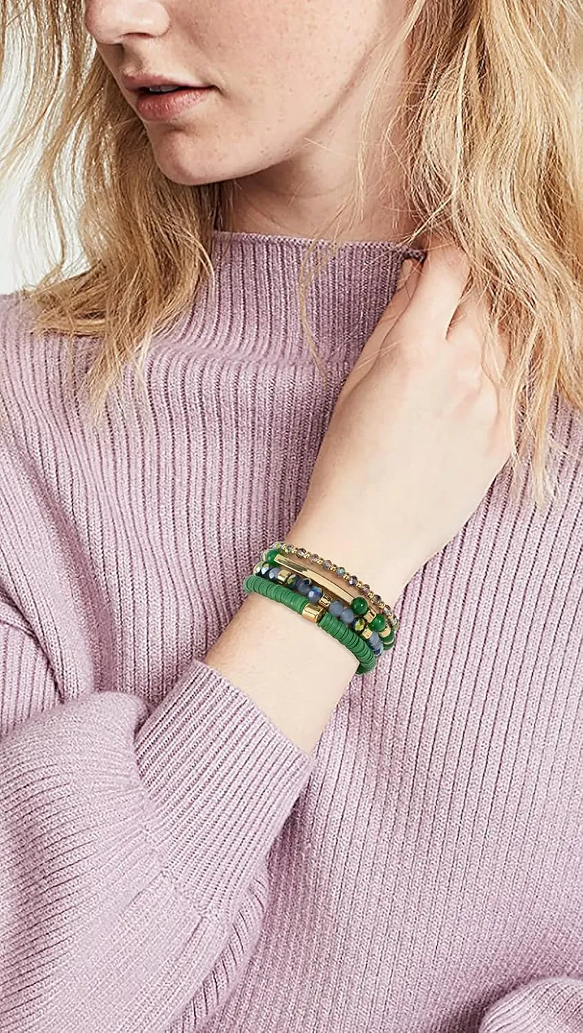 Heishi Bracelets for Women Clay Beaded Stretch Bracelets Stackable Crystal Stone Beaded Stretch Green Bracelets Set Friendship Boho Handmade Outfits Jewelry