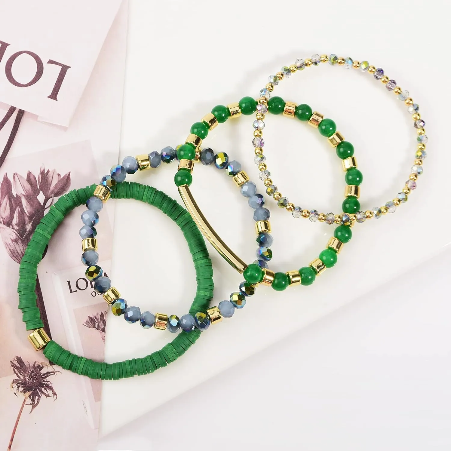 Heishi Bracelets for Women Clay Beaded Stretch Bracelets Stackable Crystal Stone Beaded Stretch Green Bracelets Set Friendship Boho Handmade Outfits Jewelry