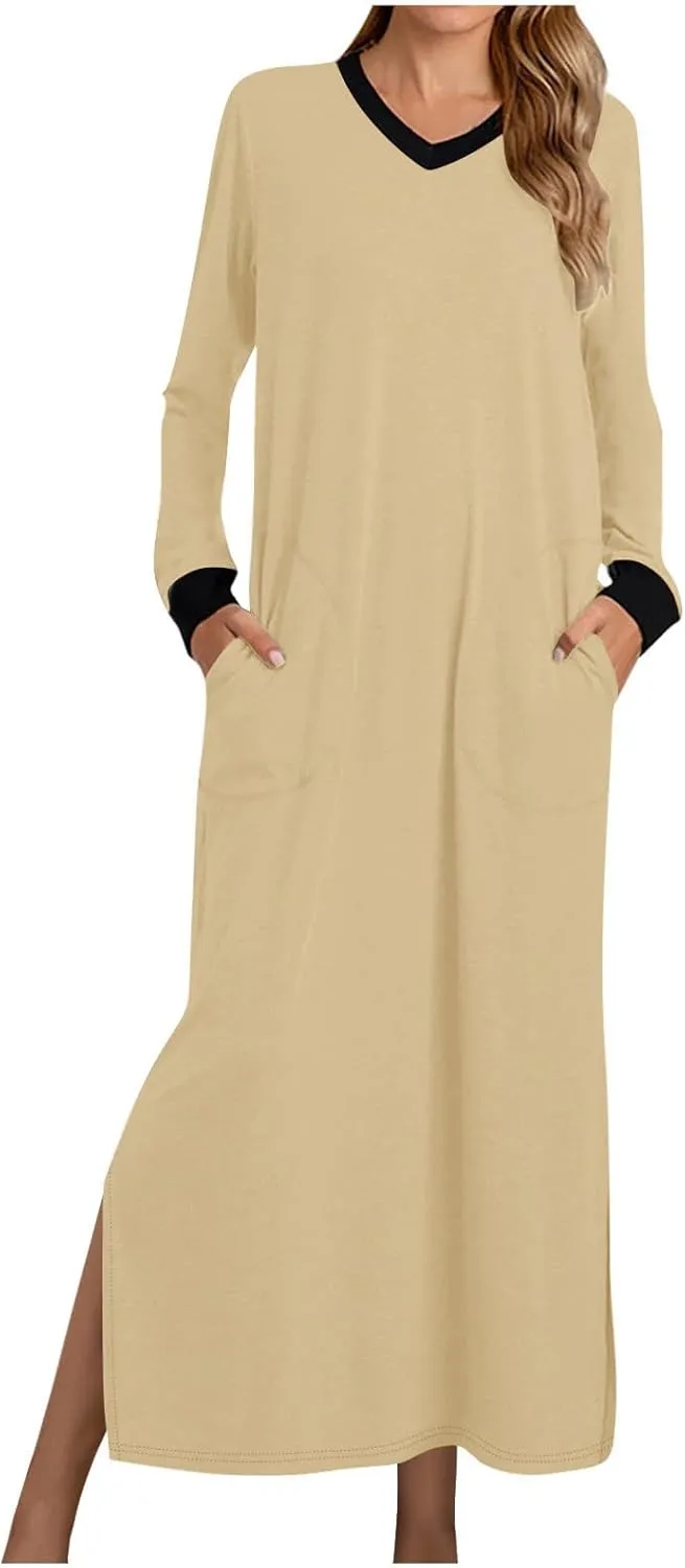 HGps8w Nightgown for Women Long Sleeve Sleepshirt Loose V Neck Comfort Maxi Dress Color Block Split Side Nightshirt Sleepwear