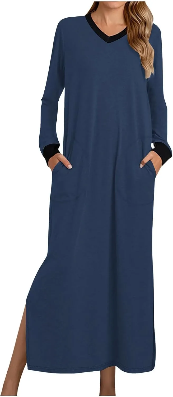 HGps8w Nightgown for Women Long Sleeve Sleepshirt Loose V Neck Comfort Maxi Dress Color Block Split Side Nightshirt Sleepwear