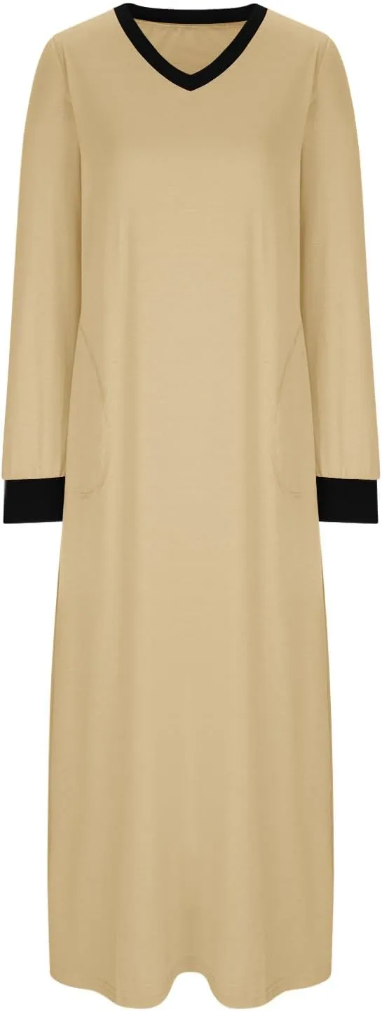 HGps8w Nightgown for Women Long Sleeve Sleepshirt Loose V Neck Comfort Maxi Dress Color Block Split Side Nightshirt Sleepwear