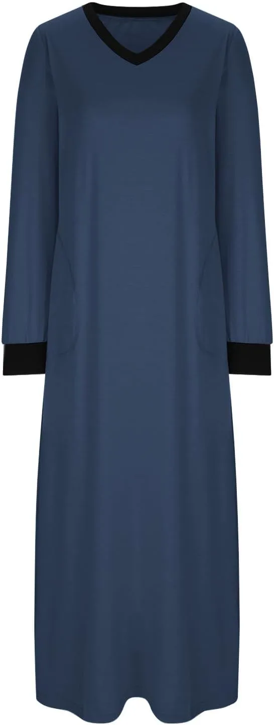 HGps8w Nightgown for Women Long Sleeve Sleepshirt Loose V Neck Comfort Maxi Dress Color Block Split Side Nightshirt Sleepwear